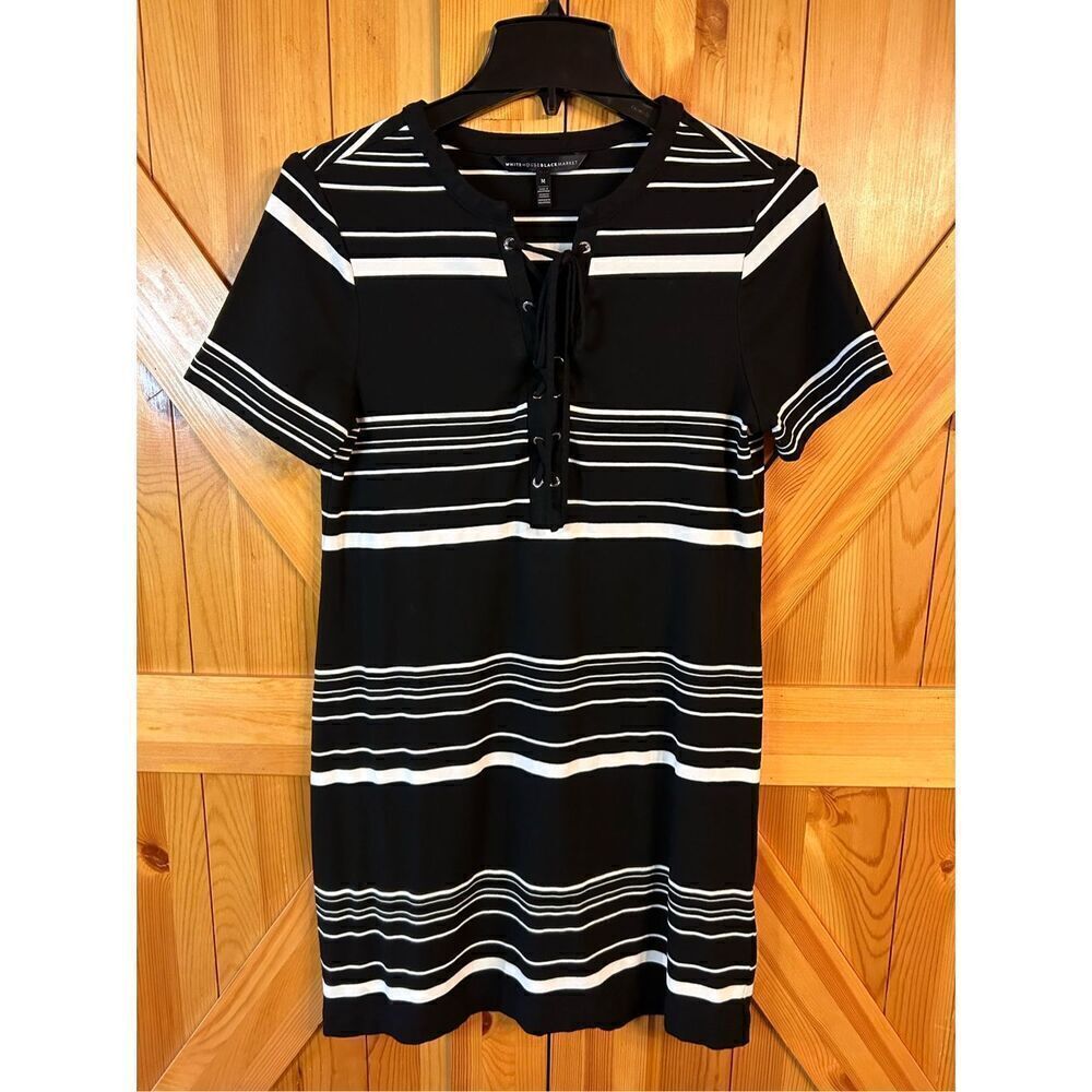 White House Black Market Black/White Striped Short Sleeve Shirt Dress Medium (42